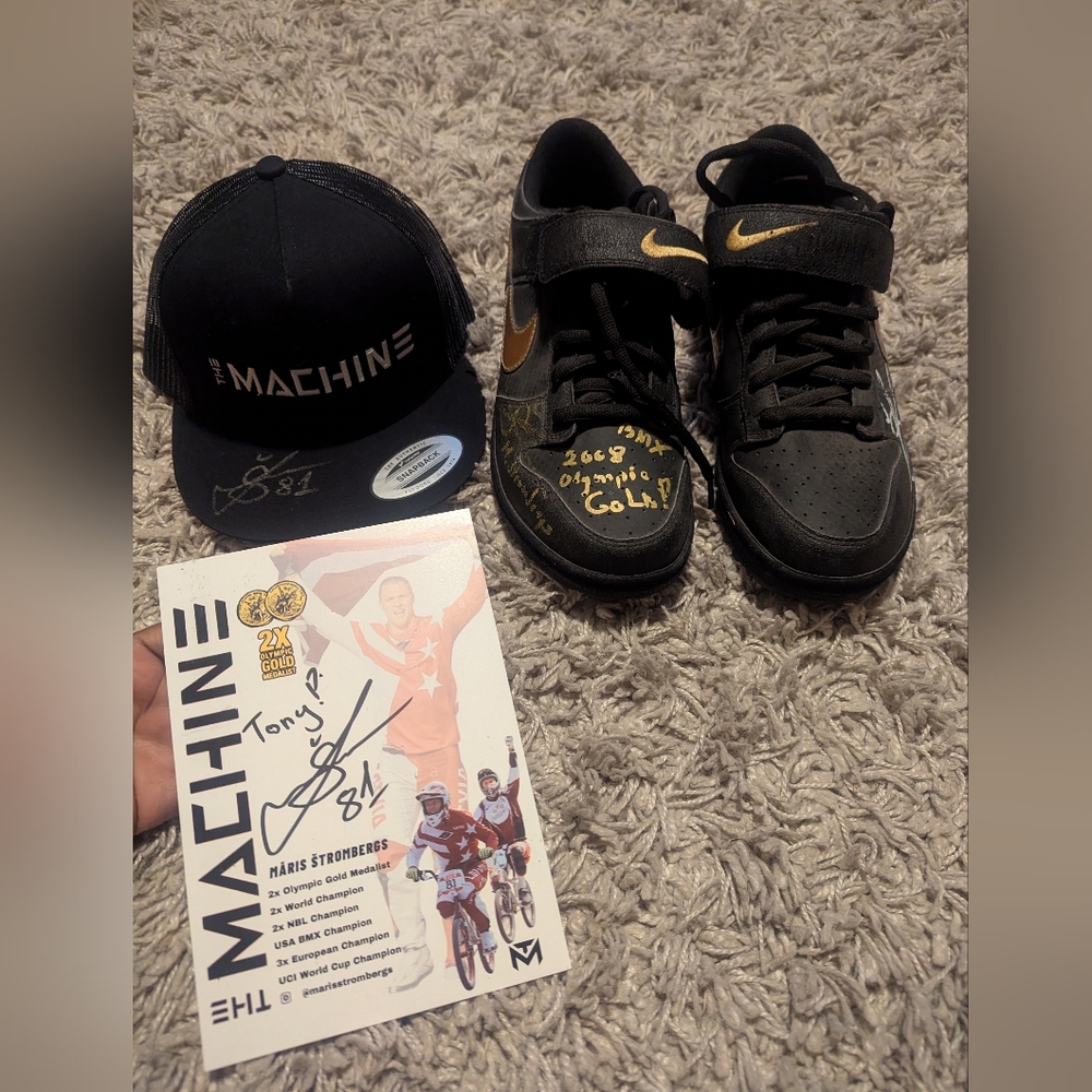 Maris Strombergs Autograph Nike Dunk Low Gyrizo BMX Beijing Olympic Gold Signed